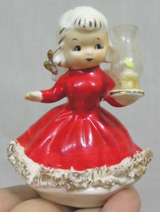 Vintage Christmas Angel Figurine Holds Hurricane Lamp Spaghetti Trim 1950s