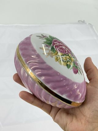 Vintage Trinket Box - Egg Shape Porcelain - Yellow & Red Roses Decor