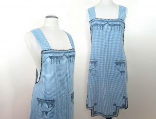 Vintage Full Bib Apron - Blue Gingham Check,  Black Embroidery & Rickrack Tape