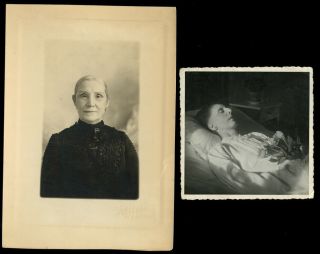 Vintage Photo Woman In Black Mourning Dress & Her Post Mortem With Memorial Note