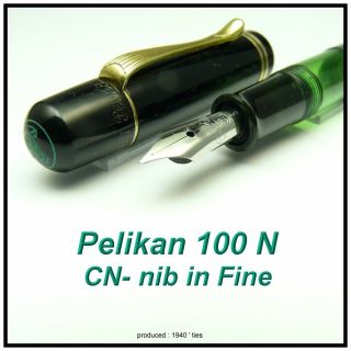 Pelikan 100 N,  Green Marbled Fountainpen,  Cn - Nib In Fine,  Chromeplated Nickel