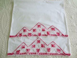 Vintage White Cotton Pillowcases Pink Hand Crocheted Border