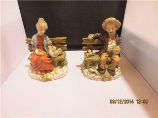 2 Bisque Figurines Man And Woman Sitting On Bench Pre - Owned