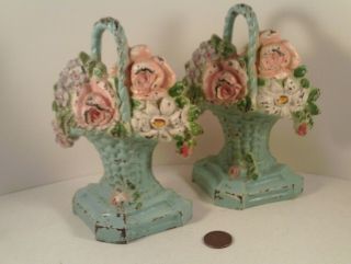 Pair - Vintage Antique (cast - Iron) " Flower Basket Book Ends " Set