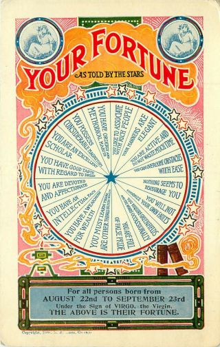 C1908 Postcard; Your Fortune As Told By The Stars Astrology Sign Virgo Unposted