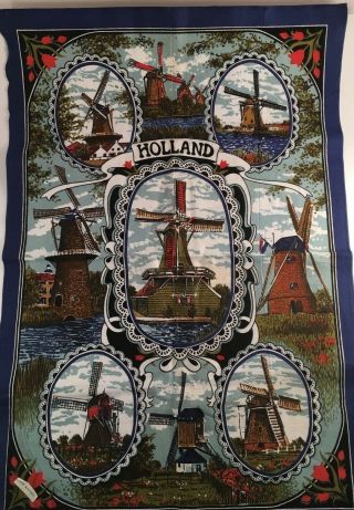 Vintage Kitchen Tea Towel Blue Holland Windmills 100 Cotton 28 " X19 "