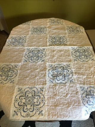 Vintage Quilt (c. ) With Blue Needlepoint Design 67 1/2” X 45 1/2”