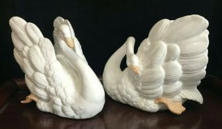 Set Of 2 Fitz And Floyd White Swan Figurines Vintage