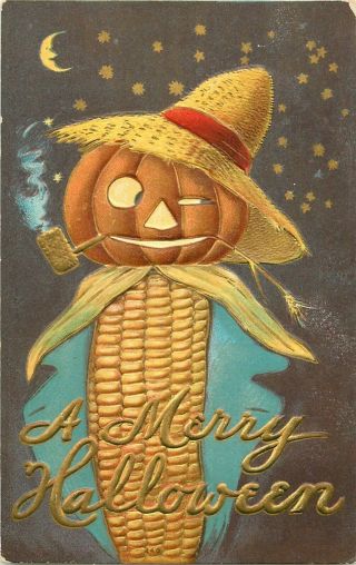 C1910 Halloween Postcard - Jack - O - Lantern Corn Cob Man