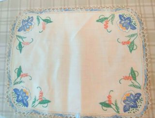 Vintage Hand Embroidered Doily Table Scarf Blue Water Lilly 11 " X 14 "