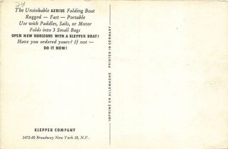 York NY Klepper Unsinkable Aerius Folding Sailing Boat Advertising Postcard 2