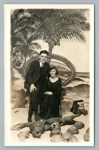 Handsome Young Couple Miami Florida Rppc Antique Studio Photo Man Girl Alligator