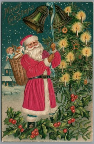 Santa Ringing Bells In Silk Suit - Merry Christmas Postcard