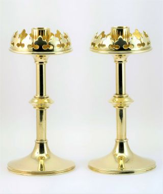 C1880,  Good Pair Antique English Victorian Brass Gothic Revival Candlesticks