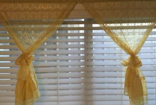Vintage Curtain 2 Panels Fabric And Lace Yellow Retro 34”x26” 3