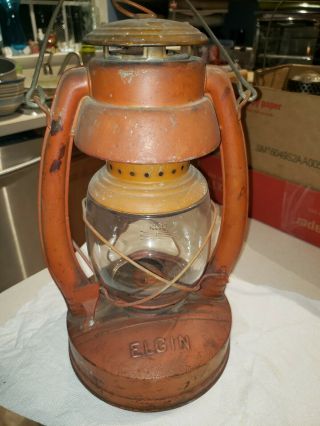 Antique Vintage Elgin Oil/kerosene Lantern W/burner Wick Glass Shade Bail Handle