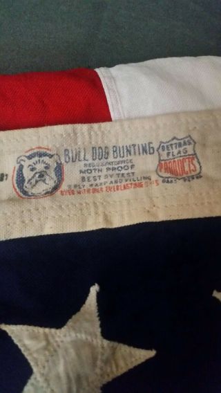 1940s WWII Era 48 Star American Flag Sewn Stars BullDog Bunting 3’6” X 6’8”. 3
