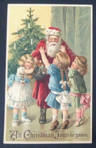 Long Robe Santa Claus With Happy Children Tree Antique Christmas Postcard - K315