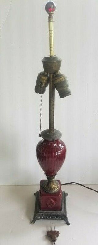 Vintage Old French Brass Maroon Ceramic Ornate Table Lamp Art Nouveau