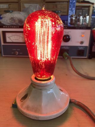 Antique Edison Mazda Hand Blown Red Glass Cage Filament Light Bulb