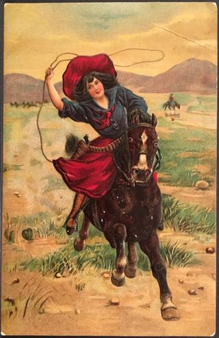 Cowgirl With Lasso Rides Horse On Range Embossed Postcard