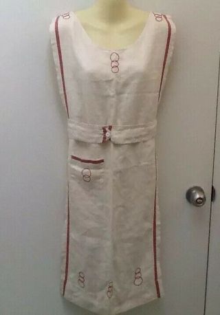 Vintage Embroidered Full Bib Apron Smock Kitchen Linen With Pocket Red Circles