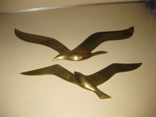 Set Of Two Vintage Solid Brass Wall Flying Birds,  17.  5 " & 13.  5 "