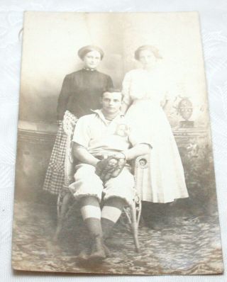 Baseball Player W/ 2 Women Rppc Early 1900 