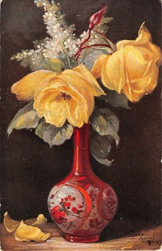 Gorgeous Yellow Roses & White Lilacs In Lovely Vase By Artist Mary Golay - 1909 Pc