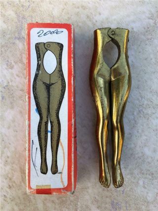 Vintage Solid Brass Nut Cracker Womans Legs Risque Sexy Art Deco Antique W/ Box