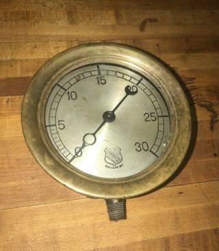 Antique Ashcroft Mfg 5” Brass Gauge W/ Glass - 0 - 30 Psi Industrial Steampunk Ny