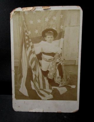 Cabinet Card Photo Young Boy With American Flags Toy Boat W/ Japanese Flag