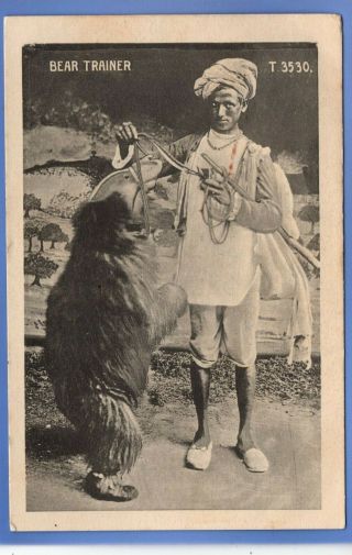 Very Sad 1910c Trainer With Captured Bear Calcutta India Vintage Postcard