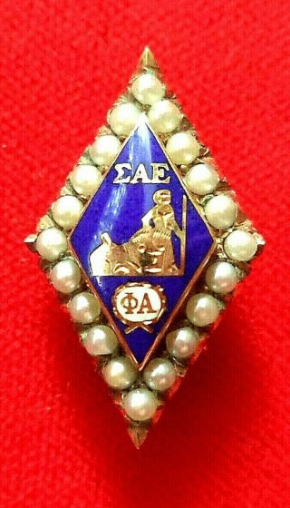 Sigma Alpha Epsilon Fraternity Sweetheart Pin 10k Yellow Gold Blue Enamel Pearls