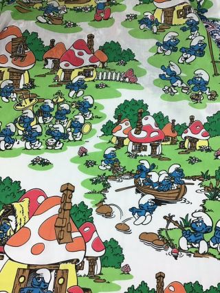 Vtg Smurfs Twin Flat Sheet Smurfette Smurf Village Papa Craft Cutter Fabric