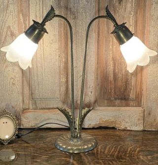 Antique Brass Adjustable Double Gooseneck Table Lamp With Glass Tulip Shades