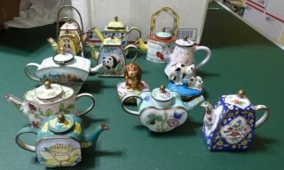 Set Of 11 Miniature Teapots Enamel Metal With 2 Porcelain Trinket Boxes
