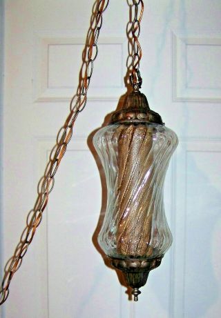 Vintage Mid Century Tudor Hanging Swag Light / Lamp Clear Swirl Glass