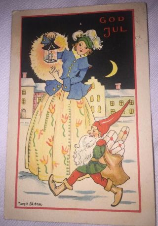 Vintage Swedish Mini Postcard Woman Gnome Presents Moon Lantern God Jul Elf ?