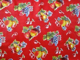 Red Vtg Fruit Kitchen Oilcloth Vinyl Tablecloth Red Cotton Binding Farmhouse Exc