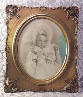 Large Antique Victorian Edwardian Era Infant Baby Photo Picture Gold Wood Frame