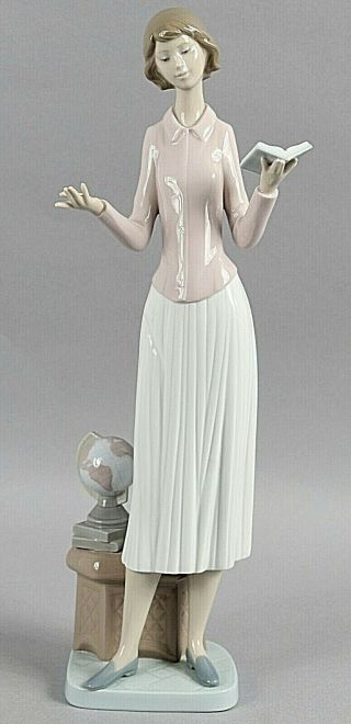 Lladro Tan Mauve Multi Standing Ceramic Lady Book Globe 6659 Figurine 613n