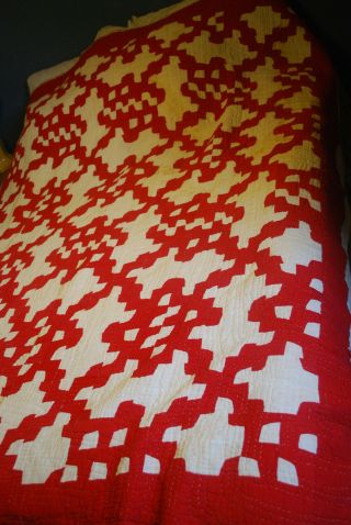 Vintage Quilt Red And White Hand Stitched 84x72