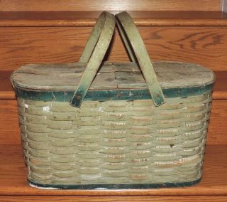 Antique/vintage 21.  5 " L Handled Woven Wooden Picnic Basket W/orig Straps
