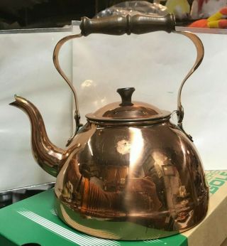 Vintage Magellan Ware Copper Tea Kettle Pot W/wood Handle 10” W 9.  5”t Portugal