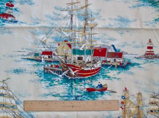 Vtg House ' N Home Ships Fishing Village Lighthouse Fabric 48 x 88 3