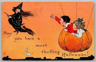 Halloween Children In Pumpkin Hot Air Balloon Basket Witch On Broom Emboss Tuck