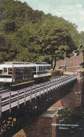 I.  O.  M.  Train Crossing Ballure Bridge,  Manx Card