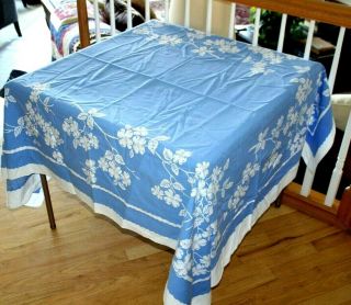 Vintage Blue White Floral Linen Tablecloth 66 " X 51 " Rectangle
