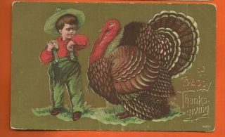Thanksgiving Little Boy Mad At Turkey/ Gold Bkgrd/ Large Turkey/cute Postcard